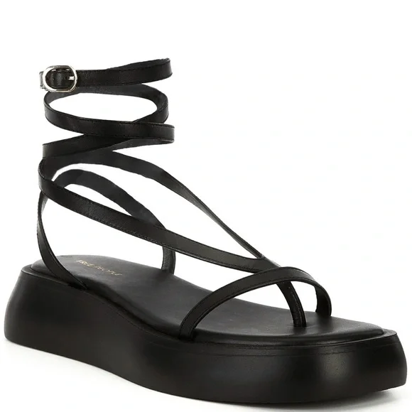 NEW FREE PEOPLE BLACK LEATHER STRAPPY PLATFORM SANDALS - Picture 1 of 13
